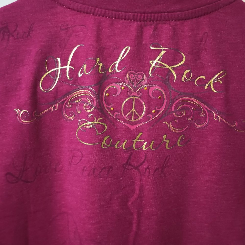 Newer Maroon Hard Rock Couture Short Sleeve Top with Gold Lettering (Size: XXL) - Picture 4 of 5